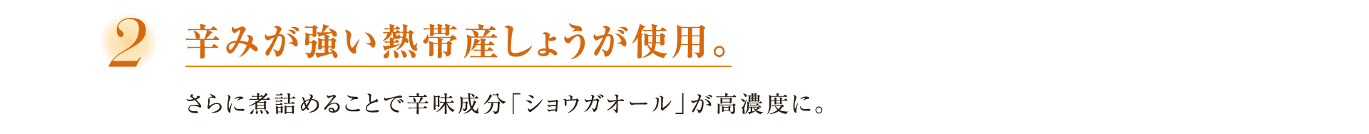 ２辛みが強い熱帯産しょうが使用。さらに煮詰めることで辛味成分「ショウガオール」が高濃度に。