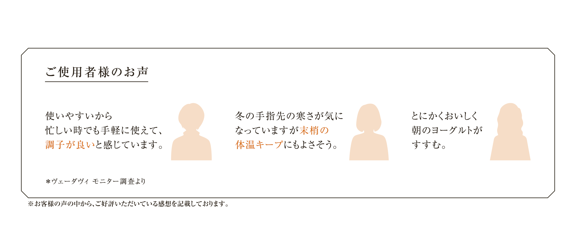 ご使用者様のお声使いやすいから忙しい時でも手軽に使えて、調子が良いと感じています。冬の手指先の寒さが気になっていますが末梢の体温キープにもよさそう。とにかくおいしく朝のヨーグルトがすすむ。＊ヴェーダヴィモニター調査より